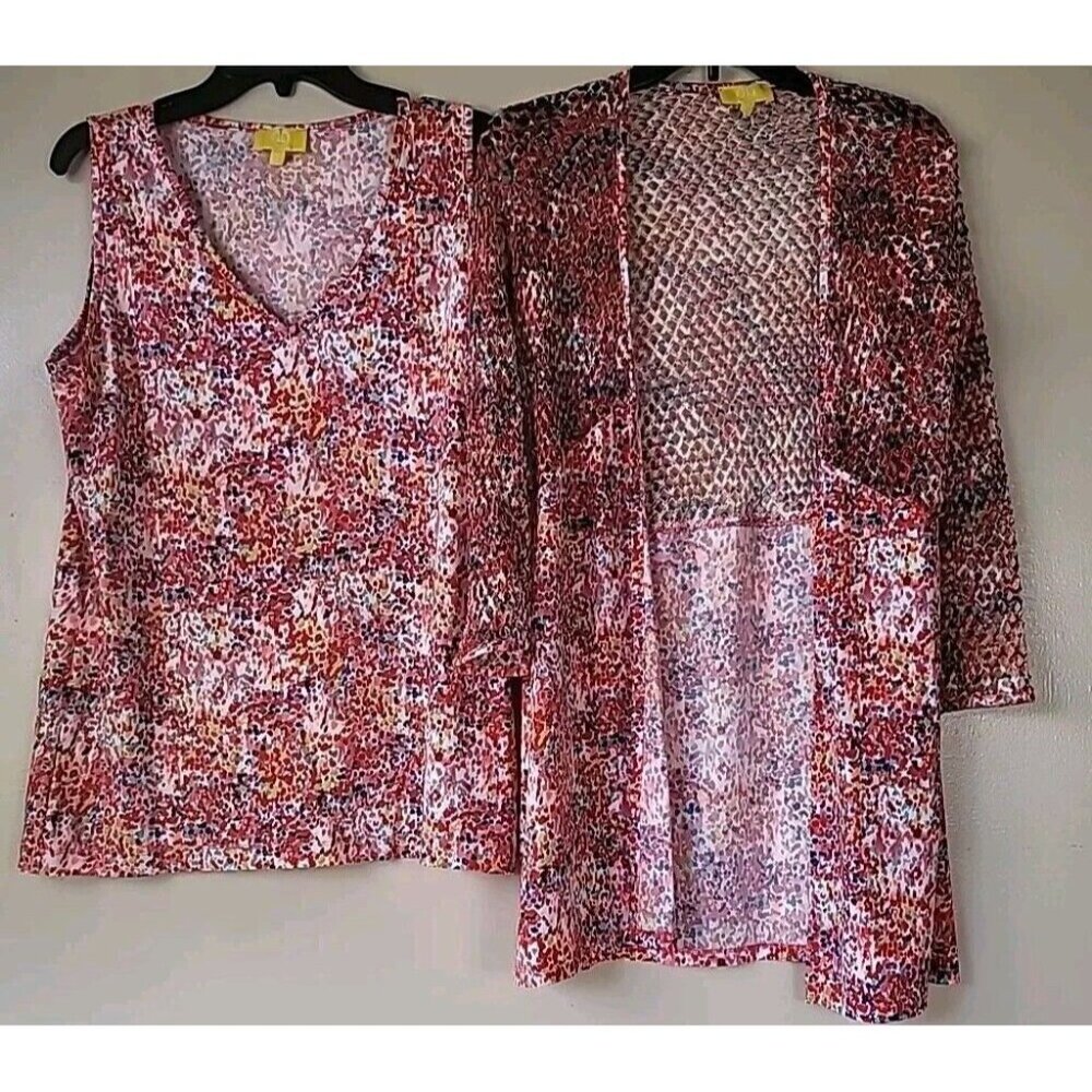 Liz Lange 2 Piec Blouse SzL Bubble Gum Confetti Camisole & Duster Croquet Sleeve